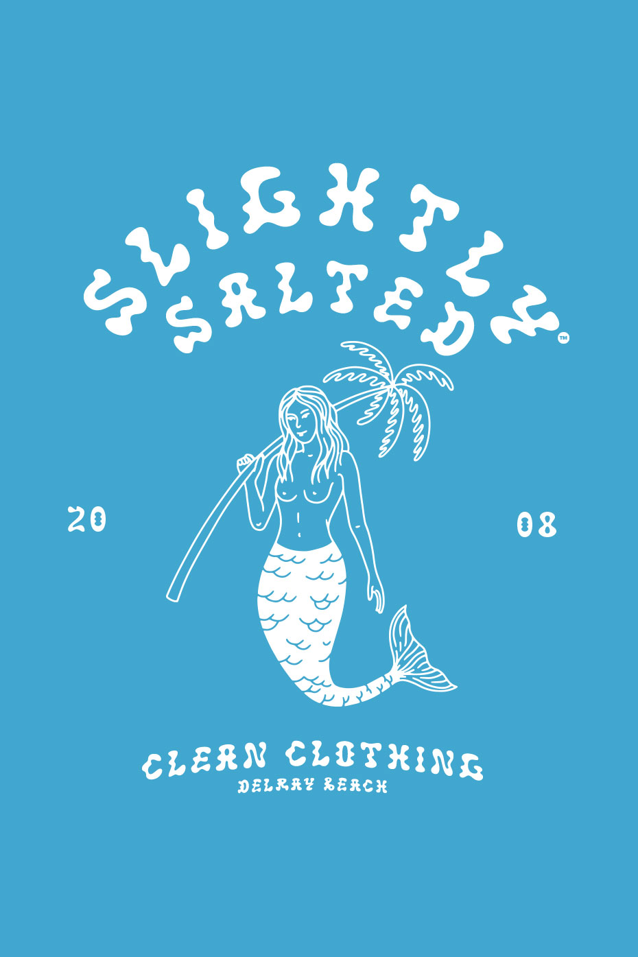 Slightly Salted sample artwork featuring a white mermaid illustration on a bright blue field.